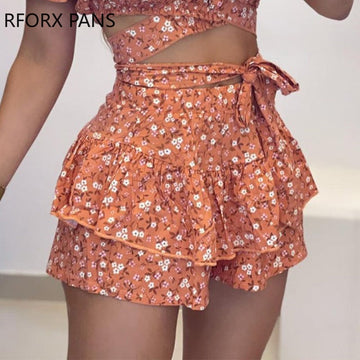 Yipinpay Women Chic Crop Top Gdisty Floral Ruffle Hem  Lace Up Short Sleeves Cris Cross Mini Sexy Vacation Short Sets